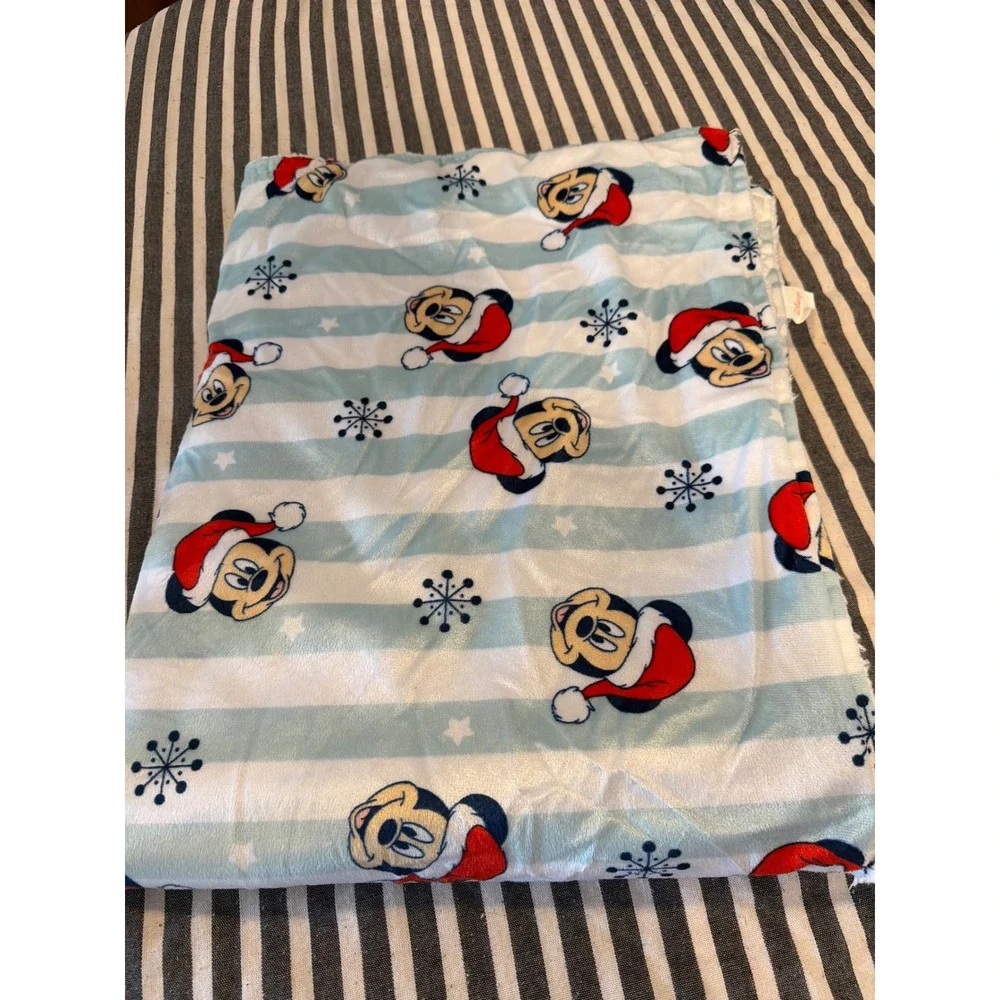 Disney Mickey Mouse Christmas Sherpa Throw Blanket Blue White Stripe Santa Hat